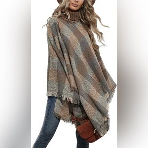New Plaid Fringe Poncho Cape - Brown and Gray NWT